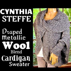▪️CYNTHIA STEFFE▪️Draped Gray & Silver Metallic Wool Blend Cardigan Sweater